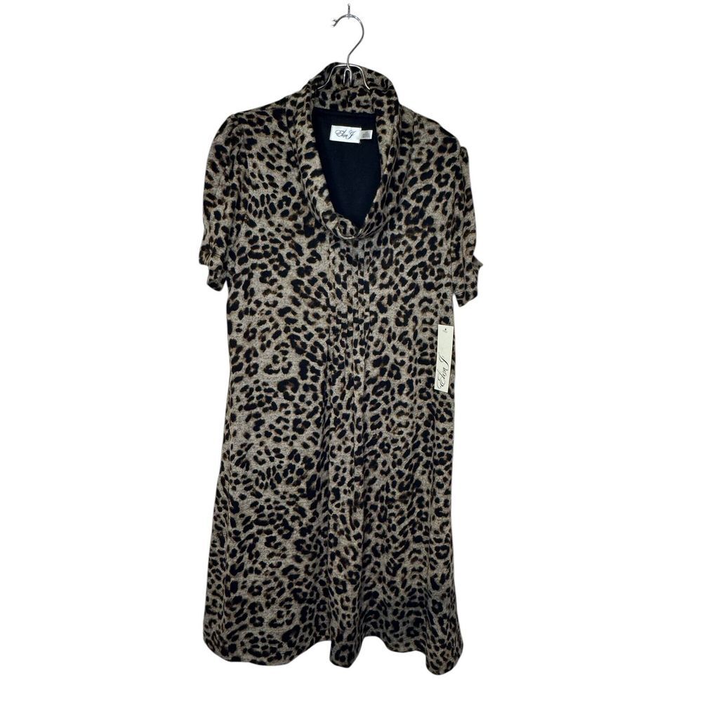 Eliza J Women's Dress Leopard Print Cowlneck Pleated Mini Puff Sleeve Large NWT‎